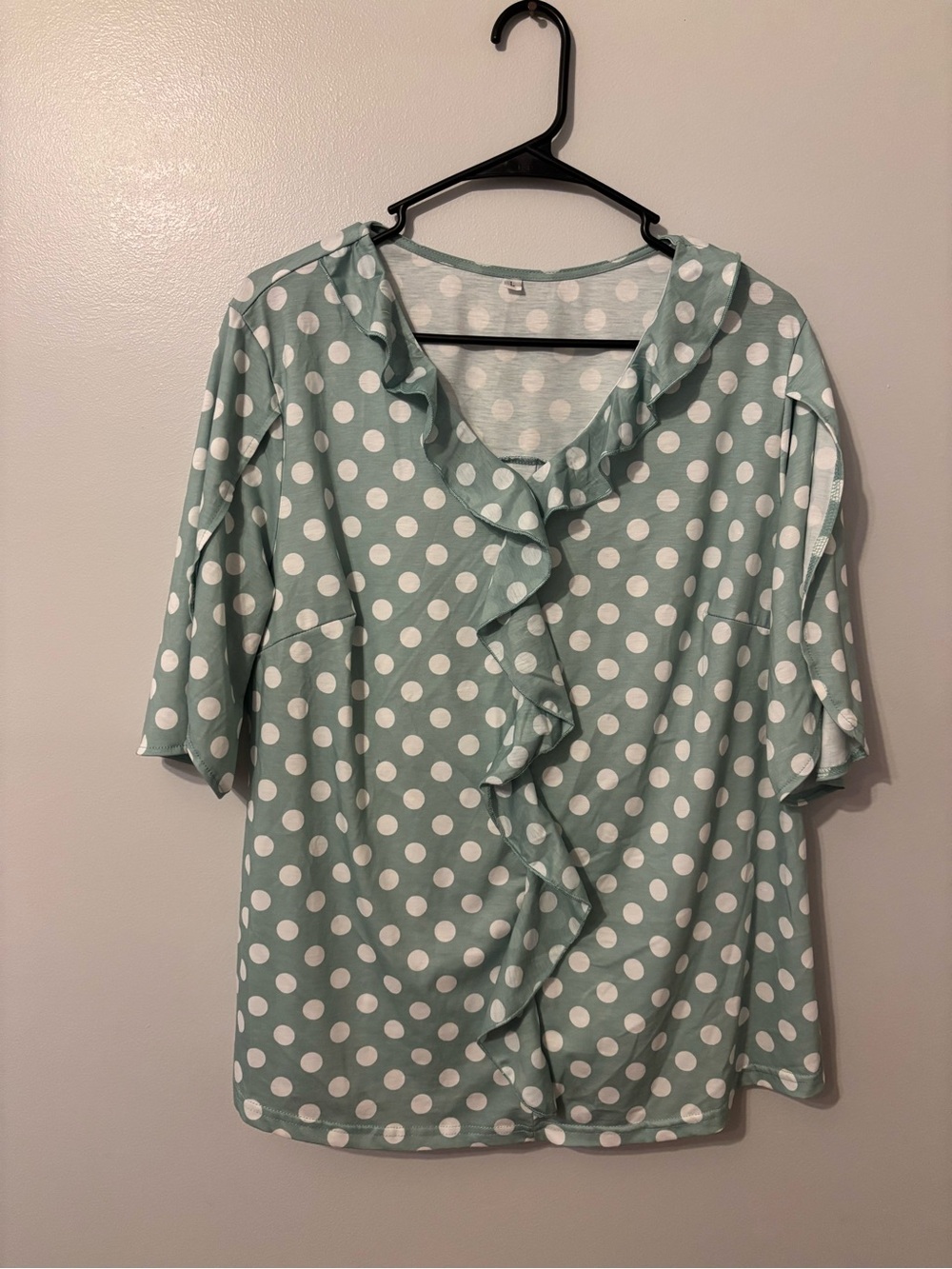 Women's Mint Green Polka Dot Ruffle Front Top